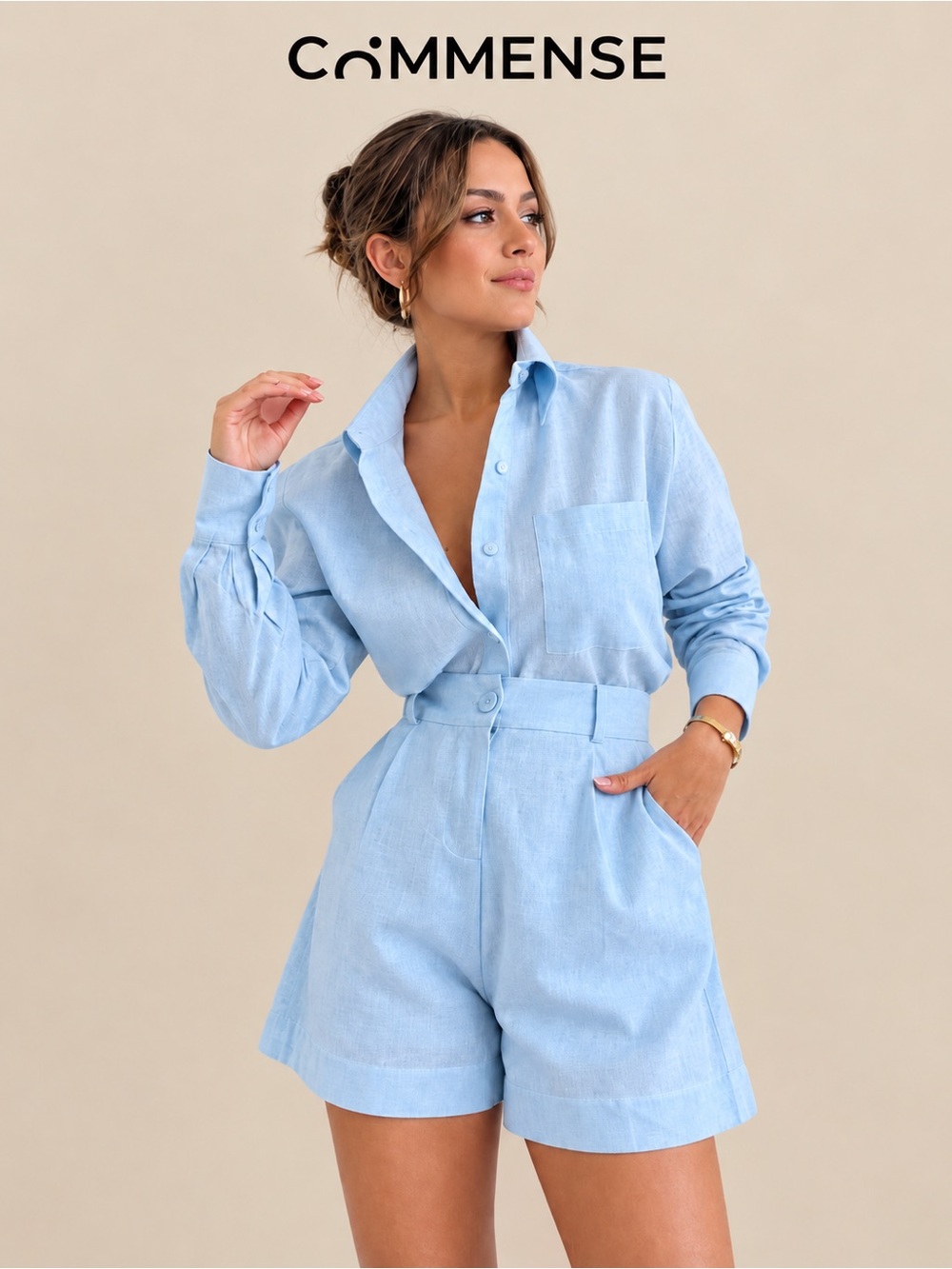 Commense Blue Linen 2-Piece Long Sleeve & High Waist Short Set NWT Size XS
